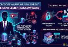 "Microsoft เตือนภัยคุกคามใหม่: แรนซัมแวร์สุภาพบุรุษ" โดย Microsoft Threat Intelligence แสดงภาพชายในชุดสูทที่มีรหัสไบนารีและใบหน้าที่ผิดเพี้ยน ด้านซ้ายแสดง "การแพร่กระจายด้วยตนเอง: แพร่กระจายอย่างรวดเร็วทั่วเครือข่าย" โดยเชื่อมต่อเซิร์ฟเวอร์ต่างๆ