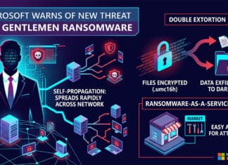 "Microsoft เตือนภัยคุกคามใหม่: แรนซัมแวร์สุภาพบุรุษ" โดย Microsoft Threat Intelligence แสดงภาพชายในชุดสูทที่มีรหัสไบนารีและใบหน้าที่ผิดเพี้ยน ด้านซ้ายแสดง "การแพร่กระจายด้วยตนเอง: แพร่กระจายอย่างรวดเร็วทั่วเครือข่าย" โดยเชื่อมต่อเซิร์ฟเวอร์ต่างๆ