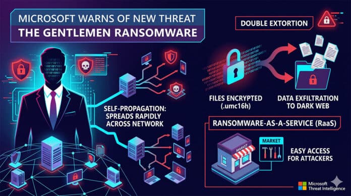 "Microsoft เตือนภัยคุกคามใหม่: แรนซัมแวร์สุภาพบุรุษ" โดย Microsoft Threat Intelligence แสดงภาพชายในชุดสูทที่มีรหัสไบนารีและใบหน้าที่ผิดเพี้ยน ด้านซ้ายแสดง "การแพร่กระจายด้วยตนเอง: แพร่กระจายอย่างรวดเร็วทั่วเครือข่าย" โดยเชื่อมต่อเซิร์ฟเวอร์ต่างๆ