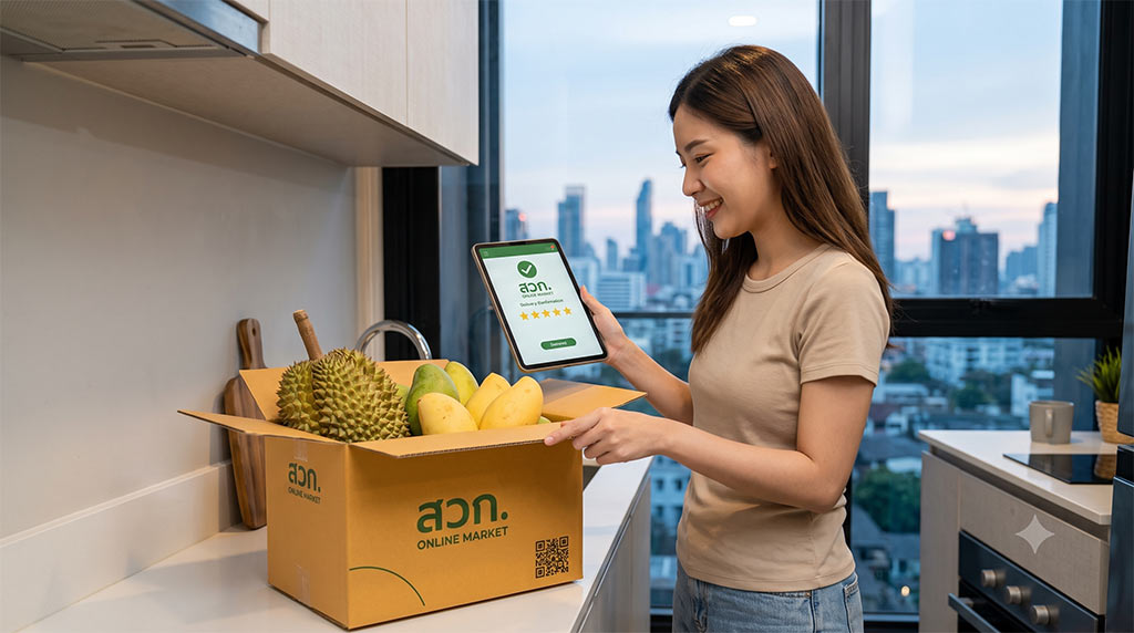 เกษตรกรหญิงยิ้มแย้ม สวมหมวกฟาง ถือสมาร์ทโฟนแสดงหน้าแอป สวท. ONLINE MARKET ที่มีรูปทุเรียน มะม่วง และผักผลไม้ ยืนอยู่ท่ามกลางสวนทุเรียนและมะม่วง มีตะกร้าผลไม้สีน้ำเงิน-เขียวและ QR Code ติดอยู่