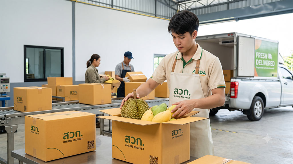 พนักงานชายหนุ่ม สวท. ONLINE MARKET สวมเสื้อโปโลและผ้ากันเปื้อน กำลังจัดทุเรียนและมะม่วงใส่กล่องกระดาษในคลังสินค้า มีพนักงานอื่นทำงานอยู่ด้านหลัง กล่อง สวท. วางเรียงบนสายพาน และรถกระบะขนส่งพร้อมข้อความ “FRESH DELIVERED”