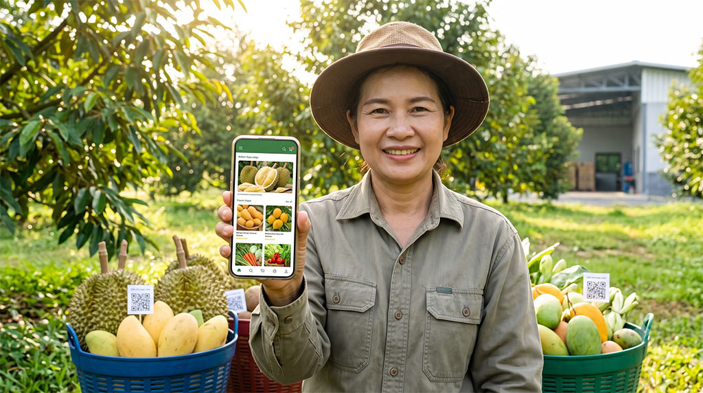 ผู้หญิงยิ้มแย้ม ถือแท็บเล็ตแสดงหน้าจอยืนยันคำสั่งซื้อ สวท. ONLINE MARKET ในครัวทันสมัย ข้างกล่องพัสดุ สวท. ที่มีทุเรียนและมะม่วงสดอยู่ มีวิวเมืองกรุงเทพฯ ผ่านหน้าต่าง