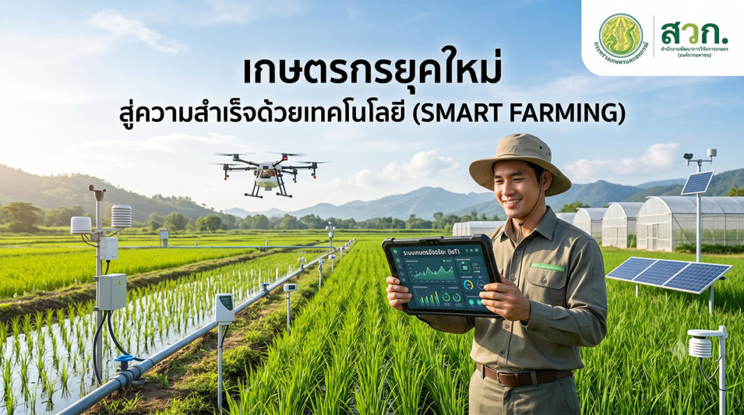 เกษตรกรยุคใหม่ สู่ความสำเร็จด้วยเทคโนโลยี Smart Farming ภาพเกษตรกรชายหนุ่มยิ้มแย้มสวมหมวกถือแท็บเล็ตแสดงแดชบอร์ด IoT ในทุ่งนาข้าวสีเขียว มีโดรนบิน ระบบเซ็นเซอร์ตรวจวัดสภาพอากาศ โรงเรือนปลูกพืช แผงโซลาร์เซลล์ และภูเขาในพื้นหลัง พร้อมข้อความ “เกษตรกรยุคใหม่ สู่ความสำเร็จด้วยเทคโนโลยี (SMART FARMING)” และโลโก้ สวทช.