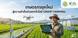 เกษตรกรยุคใหม่ ปรับตัวอย่างไรให้รอดและเติบโตในยุคเทคโนโลยี ภาพเกษตรกรชายหนุ่มยิ้มแย้มสวมหมวกถือแท็บเล็ตแสดงแดชบอร์ด IoT ในทุ่งนาข้าวสีเขียว มีโดรนบิน ระบบเซ็นเซอร์ตรวจวัดสภาพอากาศ โรงเรือนปลูกพืช แผงโซลาร์เซลล์ และภูเขาในพื้นหลัง พร้อมข้อความ “เกษตรกรยุคใหม่ สู่ความสำเร็จด้วยเทคโนโลยี (SMART FARMING)” และโลโก้ สวทช.