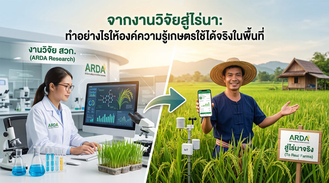 จากงานวิจัยสู่ไร่นาจริง: การนำองค์ความรู้เกษตรไปใช้ได้จริงด้วยเทคโนโลยี ภาพแบ่งครึ่งแนวตั้งแสดงการเชื่อมโยงระหว่างงานวิจัยกับการใช้งานจริงในไร่นา ด้านซ้ายเป็นนักวิจัยหญิงในห้องปฏิบัติการ ARDA กำลังทำงานกับคอมพิวเตอร์ที่แสดงกราฟข้อมูลและโมเลกุลของพืชข้าว รอบโต๊ะมีกล้องจุลทรรศน์ ต้นกล้าข้าว และบีกเกอร์ ด้านขวาคือเกษตรกรชายยิ้มยืนในทุ่งนาข้าว ถือสมาร์ทโฟนแสดงกราฟข้อมูล มีอุปกรณ์ IoT ติดตั้งในทุ่งนา ลูกศรสีเขียวขนาดใหญ่ชี้จากห้องแล็บไปยังทุ่งนา พร้อมป้าย ARDA “สู่ไร่นาจริง (To Real Farms)” และข้อความหัวเรื่องสีเขียว “จากงานวิจัยสู่ไร่นา: ทำอย่างไรให้องค์ความรู้เกษตรใช้ได้จริงในพื้นที่”