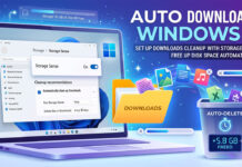 Auto Delete Downloads Windows 11 จัดการพื้นที่เก็บข้อมูลอัตโนมัติด้วย Storage Sense ภาพกราฟิกโน้ตบุ๊กแสดงหน้าจอตั้งค่า Storage Sense เพื่อเปิดใช้งาน Auto Delete Downloads Windows 11 พร้อมอินโฟกราฟิกจำลองการลบไฟล์จากโฟลเดอร์ดาวน์โหลดลงถังขยะอัตโนมัติเพื่อเพิ่มพื้นที่ว่างในดิสก์
