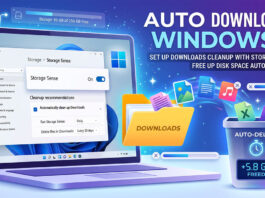 Auto Delete Downloads Windows 11 จัดการพื้นที่เก็บข้อมูลอัตโนมัติด้วย Storage Sense ภาพกราฟิกโน้ตบุ๊กแสดงหน้าจอตั้งค่า Storage Sense เพื่อเปิดใช้งาน Auto Delete Downloads Windows 11 พร้อมอินโฟกราฟิกจำลองการลบไฟล์จากโฟลเดอร์ดาวน์โหลดลงถังขยะอัตโนมัติเพื่อเพิ่มพื้นที่ว่างในดิสก์