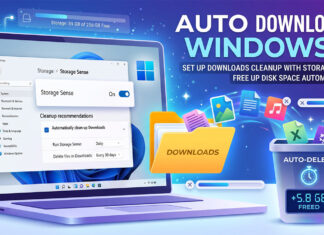 Auto Delete Downloads Windows 11 จัดการพื้นที่เก็บข้อมูลอัตโนมัติด้วย Storage Sense ภาพกราฟิกโน้ตบุ๊กแสดงหน้าจอตั้งค่า Storage Sense เพื่อเปิดใช้งาน Auto Delete Downloads Windows 11 พร้อมอินโฟกราฟิกจำลองการลบไฟล์จากโฟลเดอร์ดาวน์โหลดลงถังขยะอัตโนมัติเพื่อเพิ่มพื้นที่ว่างในดิสก์