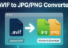 แปลงไฟล์ AVIF เป็น JPG/PNG ฟรี ใช้งานง่าย ไม่ต้องติดตั้งโปรแกรม Modern web interface of AVIF to JPG and PNG image converter tool showing file icons, glowing conversion arrow, upload and download buttons on blue gradient background