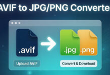 แปลงไฟล์ AVIF เป็น JPG/PNG ฟรี ใช้งานง่าย ไม่ต้องติดตั้งโปรแกรม Modern web interface of AVIF to JPG and PNG image converter tool showing file icons, glowing conversion arrow, upload and download buttons on blue gradient background