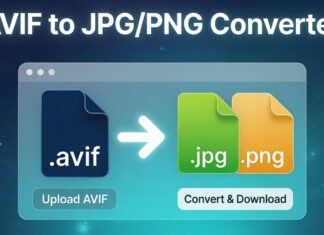 แปลงไฟล์ AVIF เป็น JPG/PNG ฟรี ใช้งานง่าย ไม่ต้องติดตั้งโปรแกรม Modern web interface of AVIF to JPG and PNG image converter tool showing file icons, glowing conversion arrow, upload and download buttons on blue gradient background