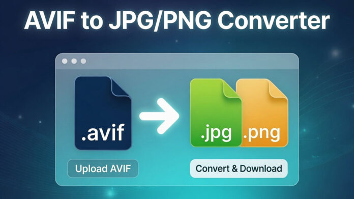 AVIF to JPG/PNG Converter - Online Image Tool Modern web interface of AVIF to JPG and PNG image converter tool showing file icons, glowing conversion arrow, upload and download buttons on blue gradient background