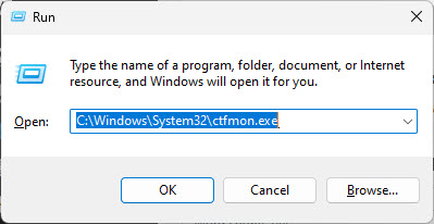 ภาพหน้าต่าง Run ใน Windows แสดงเส้นทางไฟล์ ctfmon.exe สำหรับเรียกใช้งานเพื่อแก้ปัญหาพิมพ์ข้อความในช่องค้นหาไม่ได้