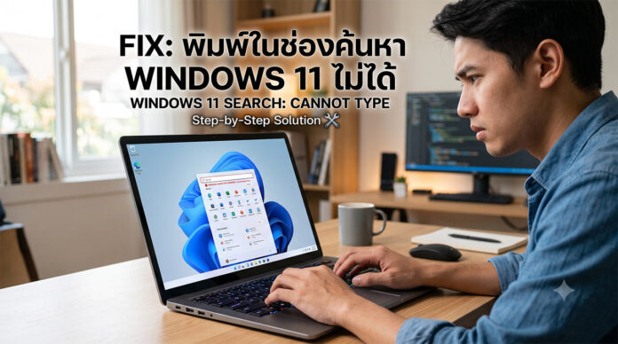วิธีแก้ พิมพ์ในช่องค้นหา Windows 11 ไม่ได้ ภาพประกอบบทความแสดงชายหนุ่มกำลังประสบปัญหาการพิมพ์ในช่องค้นหา Windows 11 ด้านบนมีข้อความพาดหัวภาษาไทย "FIX: พิมพ์ในช่องค้นหา WINDOWS 11 ไม่ได้" และภาษาอังกฤษ "WINDOWS 11 SEARCH: CANNOT TYPE" พร้อมไอคอนเครื่องมือ หน้าจอแล็ปท็อปแสดงโลโก้ Windows 11 และเมนูค้นหาแต่ไม่สามารถพิมพ์ได้