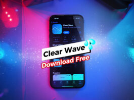 แอปไล่น้ำลำโพงมือถือ Clear Wave นวัตกรรมกู้คืนเสียงอู้อี้จากปัญหาความชื้น ภาพโปรโมทแอป Clear Wave วัดระดับเสียงเดซิเบลบน iPhone หน้าจอ App Store สีสันสดใสด้วยแสงนีออนน้ำเงิน-ชมพู มีไอคอนหยดน้ำสีฟ้าและแบนเนอร์ Download Free ขนาดใหญ่