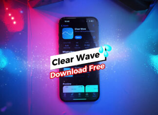 แอปไล่น้ำลำโพงมือถือ Clear Wave นวัตกรรมกู้คืนเสียงอู้อี้จากปัญหาความชื้น ภาพโปรโมทแอป Clear Wave วัดระดับเสียงเดซิเบลบน iPhone หน้าจอ App Store สีสันสดใสด้วยแสงนีออนน้ำเงิน-ชมพู มีไอคอนหยดน้ำสีฟ้าและแบนเนอร์ Download Free ขนาดใหญ่