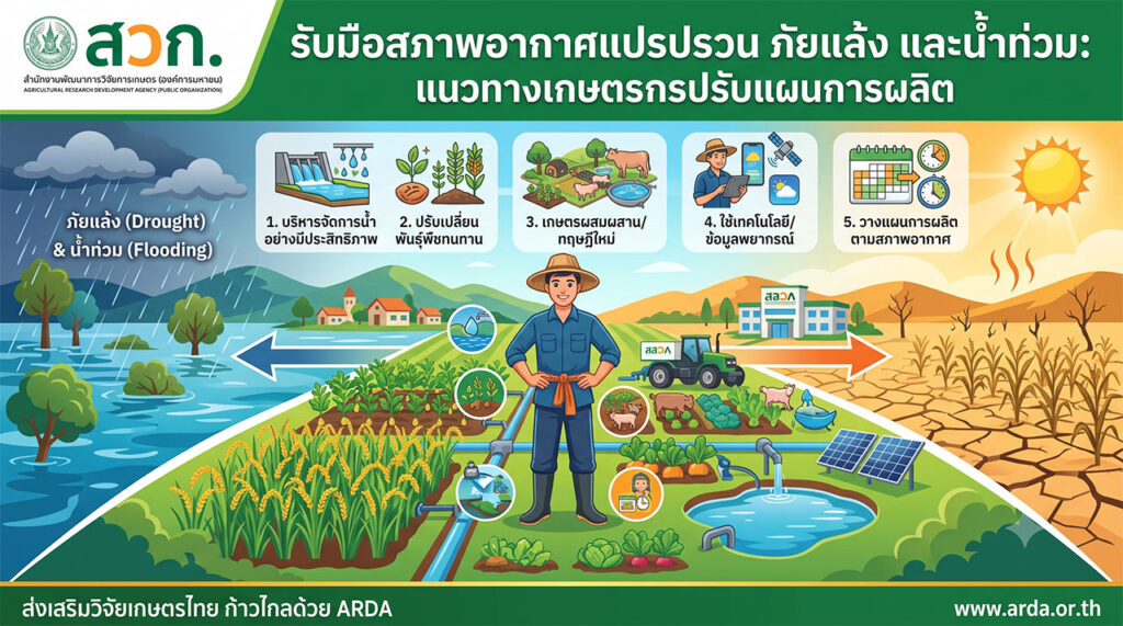 เกษตรกรชายสวมเสื้อสีน้ำเงินและหมวกยืนอยู่ในเรือไม้เล็กบนคลองน้ำที่ท่วมขัง ล้อมรอบด้วยแปลงผักยกพื้นสีเขียวที่จมอยู่ในน้ำโคลน มีสถานีตรวจวัดระดับน้ำและสภาพอากาศ กระท่อมอุปกรณ์ หมู่บ้านและภูเขาอยู่เบื้องหลัง แสดงถึงการปรับตัวของเกษตรกรไทยต่อปัญหาน้ำท่วม