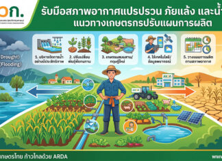 รับมือสภาพอากาศแปรปรวน ภัยแล้ง และน้ำท่วม: แนวทางเกษตรกรปรับแผนการผลิต เกษตรกรชายสวมเสื้อสีน้ำเงินและหมวกยืนอยู่ในเรือไม้เล็กบนคลองน้ำที่ท่วมขัง ล้อมรอบด้วยแปลงผักยกพื้นสีเขียวที่จมอยู่ในน้ำโคลน มีสถานีตรวจวัดระดับน้ำและสภาพอากาศ กระท่อมอุปกรณ์ หมู่บ้านและภูเขาอยู่เบื้องหลัง แสดงถึงการปรับตัวของเกษตรกรไทยต่อปัญหาน้ำท่วม