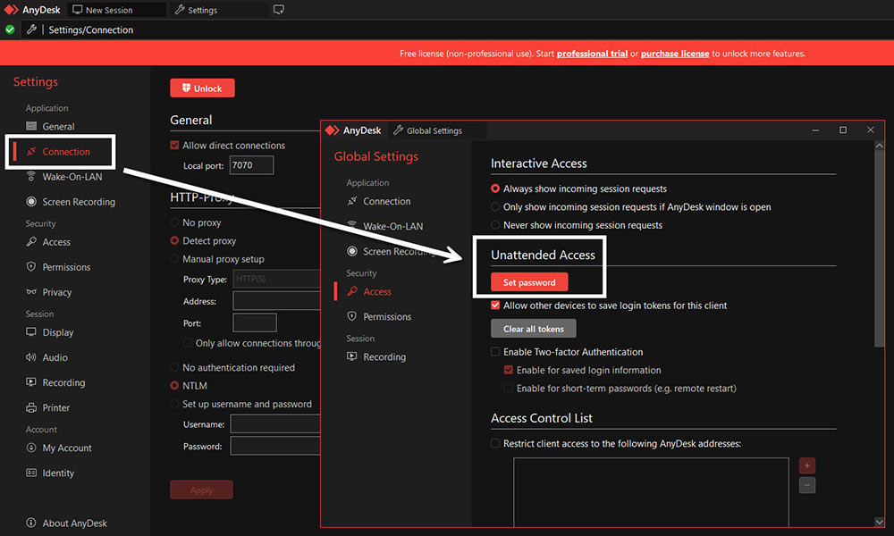 ภาพหน้าต่าง Global Settings ของ AnyDesk แสดงลูกศรชี้ขั้นตอนการเข้าสู่เมนูย่อย และการคลิกปุ่ม Set password ในหัวข้อ Unattended Access เพื่อเปิดใช้งานการควบคุมเครื่องแบบไม่ต้องกด Accept