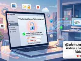ตั้งค่า AnyDesk ไม่ต้องกด Accept รีโมทคอมพิวเตอร์ทำงานได้ทุกที่ ภาพกราฟิกแสดงหน้าจอแล็ปท็อปที่เปิดโปรแกรม AnyDesk อธิบายขั้นตอนการตั้งค่า AnyDesk ไม่ต้องกด Accept (Unattended Access) พร้อมสัญลักษณ์ระบบความปลอดภัย สำหรับการรีโมทคอมพิวเตอร์ระยะไกล