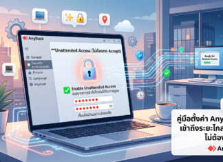 ตั้งค่า AnyDesk ไม่ต้องกด Accept รีโมทคอมพิวเตอร์ทำงานได้ทุกที่ ภาพกราฟิกแสดงหน้าจอแล็ปท็อปที่เปิดโปรแกรม AnyDesk อธิบายขั้นตอนการตั้งค่า AnyDesk ไม่ต้องกด Accept (Unattended Access) พร้อมสัญลักษณ์ระบบความปลอดภัย สำหรับการรีโมทคอมพิวเตอร์ระยะไกล