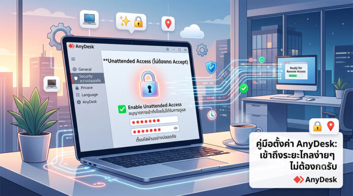 ภาพประกอบวิธีตั้งค่า AnyDesk ไม่ต้องกด Accept เพื่อรีโมทคอมพิวเตอร์ ภาพกราฟิกแสดงหน้าจอแล็ปท็อปที่เปิดโปรแกรม AnyDesk อธิบายขั้นตอนการตั้งค่า AnyDesk ไม่ต้องกด Accept (Unattended Access) พร้อมสัญลักษณ์ระบบความปลอดภัย สำหรับการรีโมทคอมพิวเตอร์ระยะไกล