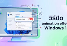 วิธีปิด animation effects Windows 11: ยกระดับความเร็วและประสิทธิภาพให้คอมพิวเตอร์ของคุณ ภาพหน้าจอคอมพิวเตอร์แสดงหน้าต่าง Settings ของ Windows 11 โดยมีลูกศรเมาส์กำลังคลิกปิดสวิตช์ในหัวข้อ Animation effects ให้เป็นสถานะ Off เพื่อช่วยเพิ่มประสิทธิภาพการทำงาน พร้อมข้อความพาดหัว วิธีปิด animation effects Windows 11