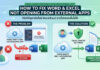 ปัญหาเปิด Word / Excel ผ่านโปรแกรมอื่นไม่ได้ กระทบผู้ใช้ระบบองค์กร พร้อมแนะวิธีแก้ไข แผนภาพอธิบายสาเหตุปัญหาเปิด Word Excel ผ่านโปรแกรมอื่นไม่ได้ ซึ่งเกิดจากระบบความปลอดภัย (Protected View) บล็อกการเข้าถึงไฟล์ พร้อมแสดงวิธีแก้ไขปัญหาด้วยการตั้งค่าโฟลเดอร์ที่ปลอดภัยใน Trust Center (Trusted Locations)