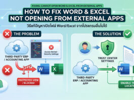 ปัญหาเปิด Word / Excel ผ่านโปรแกรมอื่นไม่ได้ กระทบผู้ใช้ระบบองค์กร พร้อมแนะวิธีแก้ไข แผนภาพอธิบายสาเหตุปัญหาเปิด Word Excel ผ่านโปรแกรมอื่นไม่ได้ ซึ่งเกิดจากระบบความปลอดภัย (Protected View) บล็อกการเข้าถึงไฟล์ พร้อมแสดงวิธีแก้ไขปัญหาด้วยการตั้งค่าโฟลเดอร์ที่ปลอดภัยใน Trust Center (Trusted Locations)