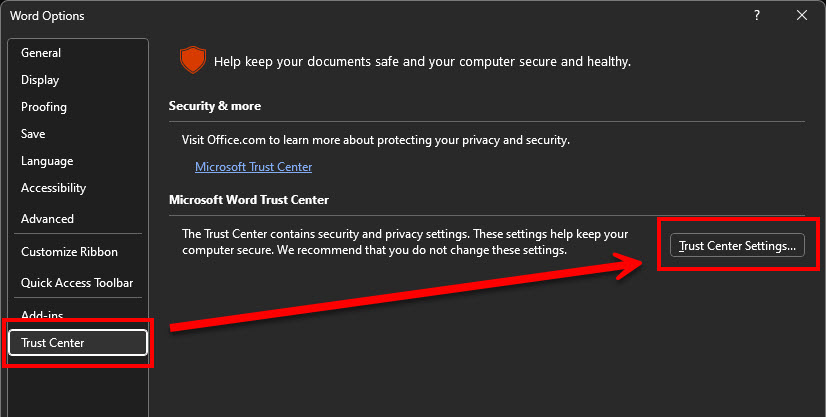 หน้าจอเริ่มต้นของโปรแกรม Microsoft Word ในโหมดกลางคืน (Dark Mode) แสดงแถบเครื่องมือด้านซ้าย โดยมีกรอบสีแดงและลูกศรชี้ไปที่เมนู Options ด้านล่างสุดเพื่อเข้าสู่หน้าต่างการตั้งค่าโปรแกรม