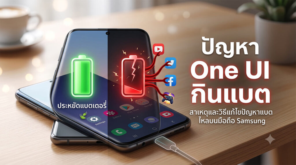 ภาพประกอบแสดงเปรียบเทียบหน้าจอมือถือ Samsung ที่วางอยู่บนโต๊ะไม้: ฝั่งขวาแสดง "ปัญหา One UI กินแบต" ด้วยไอคอนแบตเตอรี่สีแดงแตกสลายและมีหนวดสีแดงดูดพลังงานจากแอปต่าง ๆ เช่น YouTube, Facebook, X (Twitter), และเกม; ส่วนฝั่งซ้ายแสดงแบตเตอรี่สีเขียวเต็มเปี่ยมและข้อความ "ประหยัดแบตเตอรี่" โดยมีสายชาร์จเสียบอยู่ที่ด้านล่าง