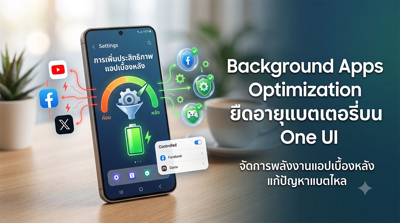 ภาพถ่ายสมาร์ทโฟน Samsung วางบนโต๊ะไม้ หน้าจอเปิดอยู่แสดงอินเทอร์เฟซ One UI "Settings" พร้อมกราฟิกการจัดการพลังงานชื่อ "การเพิ่มประสิทธิภาพแอปเบื้องหลัง" ที่มีมาตรวัดความเร็วแสดงการควบคุมแอป