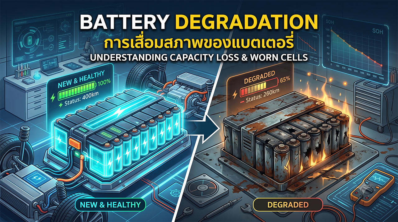ภาพกราฟิกเปรียบเทียบ Battery Degradation หรือการเสื่อมสภาพของแบตเตอรี่ แสดงความแตกต่างอย่างชัดเจนระหว่างแบตเตอรี่ใหม่ที่ทำงานสมบูรณ์ 100% และแบตเตอรี่เก่าที่ชำรุดเสียหายจนเหลือความจุเพียง 65% พร้อมกราฟและเครื่องมือวัดประสิทธิภาพ