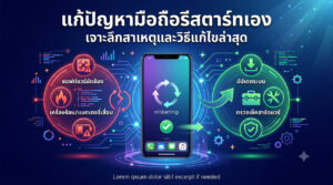 อินโฟกราฟิกดิจิทัลแสดงแนวทางแก้ปัญหามือถือรีสตาร์ทเอง โดยมีสมาร์ทโฟนตรงกลางแสดงสัญลักษณ์รีสตาร์ทวนลูป ด้านซ้ายในวงกลมสีแดงระบุสาเหตุ: ซอฟต์แวร์ขัดข้อง, เครื่องร้อน/แบตเตอรี่เสื่อม ด้านขวาในวงกลมสีเขียวระบุวิธีแก้ไข: อัปเดตระบบ, ตรวจเช็คฮาร์ดแวร์ พร้อมไอคอนที่เกี่ยวข้อง พื้นหลังเป็นแผงวงจรดิจิทัล