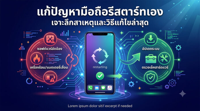 แก้ปัญหามือถือรีสตาร์ทเอง: สาเหตุและวิธีแก้ไข อินโฟกราฟิกดิจิทัลแสดงแนวทางแก้ปัญหามือถือรีสตาร์ทเอง โดยมีสมาร์ทโฟนตรงกลางแสดงสัญลักษณ์รีสตาร์ทวนลูป ด้านซ้ายในวงกลมสีแดงระบุสาเหตุ: ซอฟต์แวร์ขัดข้อง, เครื่องร้อน/แบตเตอรี่เสื่อม ด้านขวาในวงกลมสีเขียวระบุวิธีแก้ไข: อัปเดตระบบ, ตรวจเช็คฮาร์ดแวร์ พร้อมไอคอนที่เกี่ยวข้อง พื้นหลังเป็นแผงวงจรดิจิทัล