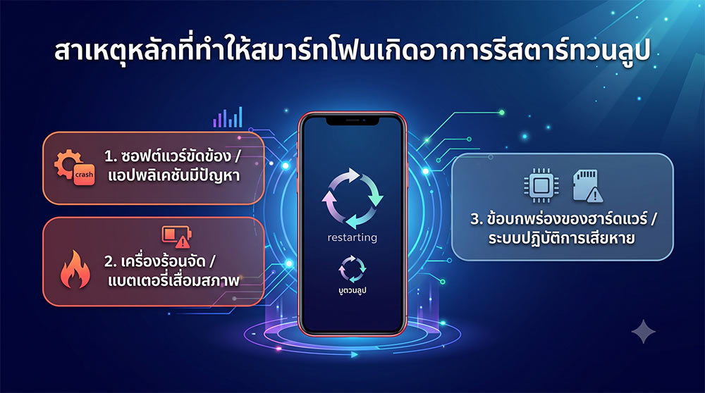 1. ซอฟต์แวร์ขัดข้อง , แอปพลิเคชั่นมีปัญหา 2. เครื่องร้อนจัด แบตเตอรี่เสื่อม 3. ข้อบกพร่องของฮาร์ดแวร์หรือระบบปฏิบัติการเสียหาย