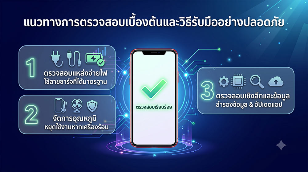 อินโฟกราฟิกแสดงคู่มือการตรวจสอบและรับมือกับสมาร์ทโฟนอย่างปลอดภัย โดยมีสมาร์ทโฟนตรงกลางแสดงสัญลักษณ์เครื่องหมายถูกสีเขียวและข้อความภาษาไทย