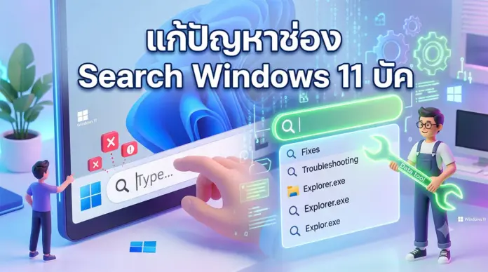 การแก้ปัญหาช่อง Search ของ Windows 11 บัค (ภาพประกอบ 3D) ภาพประกอบ 3D สไตล์การ์ตูนแสดงตัวละครกำลังซ่อมแซมช่องค้นหาของ Windows 11 ที่ขัดข้อง โดยมีข้อความภาษาไทยขนาดใหญ่ด้านบนว่า "แก้ปัญหาช่อง Search Windows 11 บัค" ทางซ้ายมีผู้ชายตัวเล็กชี้ไปที่ช่องค้นหาที่มีสัญลักษณ์ข้อผิดพลาดกากบาทสีแดงและเครื่องหมายตกใจ ทางขวามีผู้ชายถือกุญแจเลื่อนเรืองแสงเขียนว่า "Data tool" ยืนอยู่หน้ารายการผลการค้นหาที่มีคำว่า "Fixes" และ "Troubleshooting" ภูมิหลังเป็นหน้าจอคอมพิวเตอร์พร้อมวอลเปเปอร์ Windows 11 และเฟืองเรืองแสง