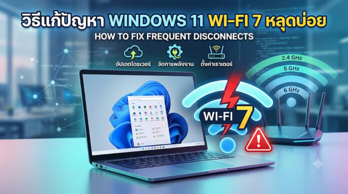 วิธีแก้ปัญหา Windows 11 Wi-Fi 7 หลุดบ่อย ภาพกราฟิกหน้าจอแล็ปท็อป Windows 11 คู่กับเราเตอร์ไร้สาย มีสัญลักษณ์ Wi-Fi 7 สีฟ้าและข้อความแจ้งเตือนสีแดง พร้อมไอคอนแสดงขั้นตอนการแก้ปัญหาเน็ตหลุด เช่น อัปเดตไดรเวอร์ จัดการพลังงาน และตั้งค่าเราเตอร์