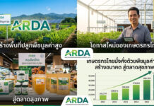 พืชมูลค่าสูง สู่ตลาดสุขภาพ โอกาสใหม่ยกระดับคุณภาพชีวิตเกษตรกรไทย ภาพคอลลาจส่งเสริม ARDA แบ่งเป็น 4 ส่วน ด้านบนซ้ายคือไร่พืชเขียวขจีบนภูเขาพร้อมป้าย ARDA ข้อความ “สร้างพื้นที่ปลูกพืชมูลค่าสูง” ด้านบนขวาคือชายเกษตรกรยิ้มแย้มในโรงเรือนกระจก ถือแท็บเล็ต ข้อความ “โอกาสใหม่ของเกษตรกรไทย” ด้านล่างซ้ายแสดงผลิตภัณฑ์ ARDA วางขายในซูเปอร์มาร์เก็ต ด้านล่างขวาคือกราฟแท่งแสดงรายได้เติบโตอย่างต่อเนื่องจากปี 2021–2026 สูงสุด 1,337,906