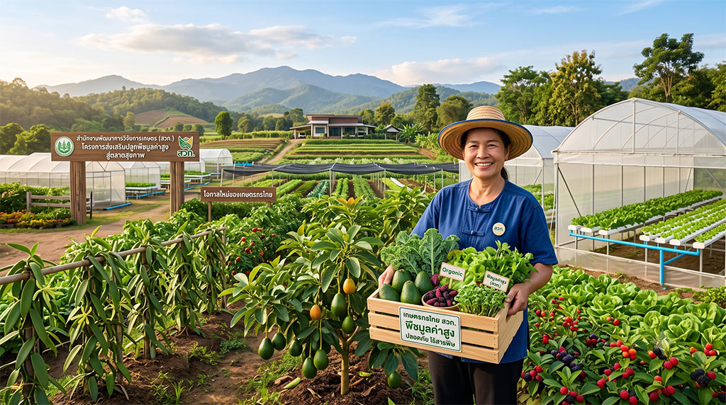ภาพมุมกว้างของแปลงทดลองพืชมูลค่าสูงแบบ raised bed หลายแปลง มีพืชเขียวหลากหลายชนิด เช่น ขมิ้นชันและผักใบ มีป้าย ARDA ขนาดใหญ่ด้านหน้าเขียนว่า “แหล่งวิจัยพืชมูลค่าสูง” พื้นหลังมีแผงโซลาร์เซลล์และภูเขา ท้องฟ้าสีฟ้าใส
