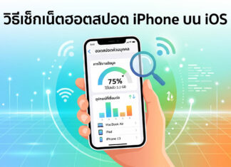 วิธีเช็กเน็ตฮอตสปอต iPhone บน iOS ตรวจสอบการใช้งานอินเทอร์เน็ตอย่างแม่นยำ ภาพประกอบดิจิทัลแสดงวิธีตรวจสอบข้อมูลการใช้งานฮอตสปอตส่วนบุคคล (Personal Hotspot) บนเครื่อง iPhone โดยด้านบนมีข้อความภาษาไทยระบุว่า "วิธีเช็กเน็ตฮอตสปอต iPhone บน iOS" หน้าจอ iPhone แสดงหน้าต่างการตั้งค่า 'ฮอตสปอตส่วนบุคคล' แสดง 'การใช้งานข้อมูล' 75% หรือ 3.2 GB มีแว่นขยายส่องอยู่ และรายการ 'อุปกรณ์ที่เชื่อมต่อ' ได้แก่ MacBook Air, iPad, และ iPhone 13 พร้อมสัญลักษณ์ upload/download และกราฟแท่ง พื้นหลังเป็นกราฟิกสีฟ้า-ส้ม มีสัญลักษณ์ Wi-Fi และเส้นข้อมูลกระจายอยู่