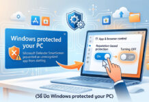 วิธี ปิด Windows protected your PC แก้ปัญหาเปิดโปรแกรมไม่ได้บน Windows 11 ภาพกราฟิกจำลองหน้าจอคอมพิวเตอร์ แสดงขั้นตอนวิธี ปิด Windows protected your PC และการตั้งค่าปิดระบบ Microsoft Defender SmartScreen ในเมนู App & browser control เพื่อแก้ปัญหาเปิดโปรแกรมไม่ได้บน Windows 10 และ 11