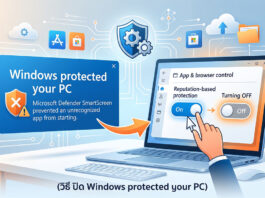วิธี ปิด Windows protected your PC แก้ปัญหาเปิดโปรแกรมไม่ได้บน Windows 11 ภาพกราฟิกจำลองหน้าจอคอมพิวเตอร์ แสดงขั้นตอนวิธี ปิด Windows protected your PC และการตั้งค่าปิดระบบ Microsoft Defender SmartScreen ในเมนู App & browser control เพื่อแก้ปัญหาเปิดโปรแกรมไม่ได้บน Windows 10 และ 11