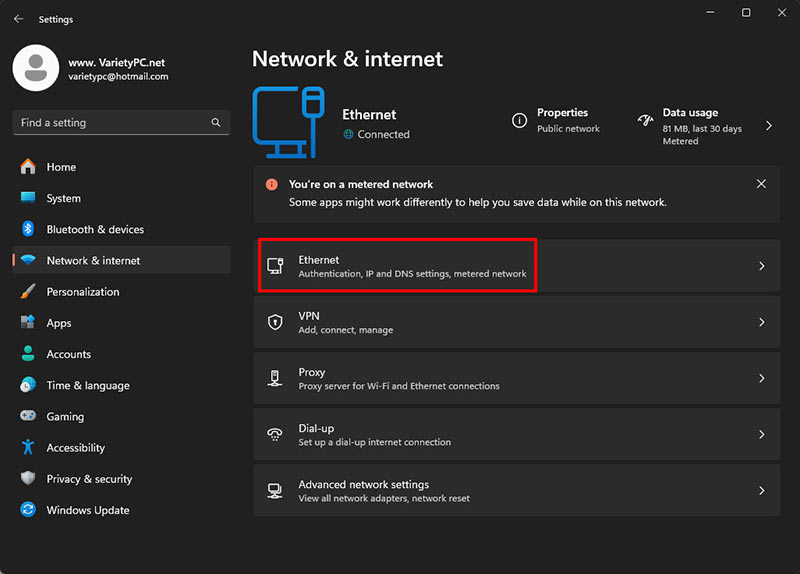 หน้าต่าง Settings ใน Windows 11 แสดงเมนู Network & internet สำหรับตรวจสอบสถานะการเชื่อมต่อเครือข่าย