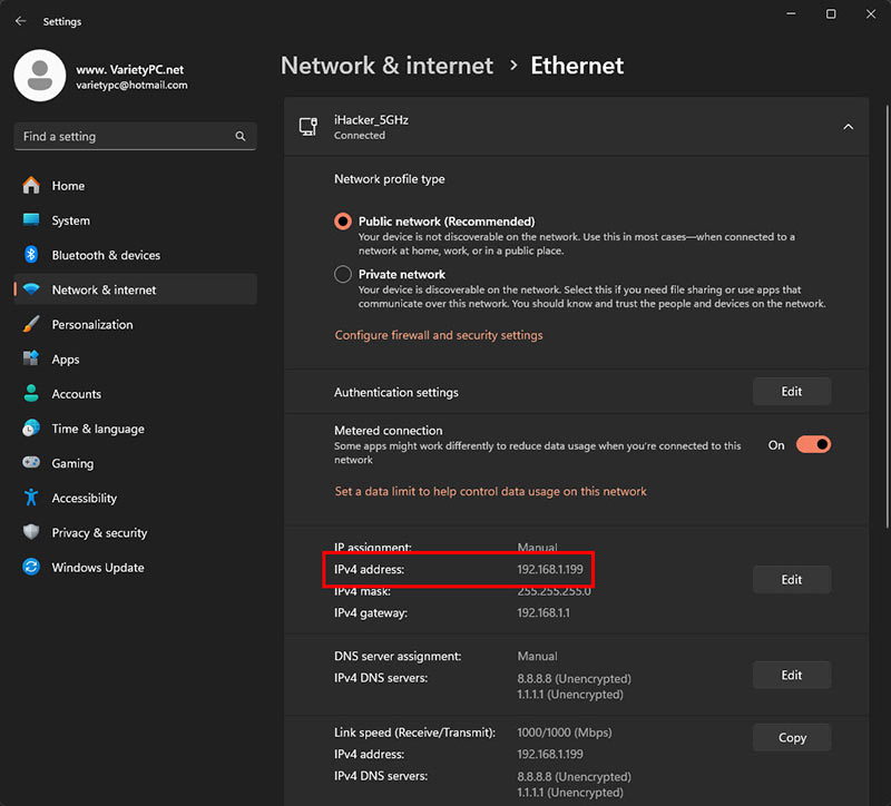 หน้าการตั้งค่าสถานะ Ethernet บน Windows 11 แสดงรายละเอียด IP assignment และเลข IPv4 address ของเครื่องคอมพิวเตอร์