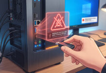 วิธีแก้ไข Problem Ejecting USB Mass Storage Device ป้องกันข้อมูลพังอย่างถูกวิธี ภาพกราฟิกจำลองการแจ้งเตือนข้อผิดพลาด Problem Ejecting USB Mass Storage Device บนหน้าจอ พร้อมสัญลักษณ์เตือนสีแดง ขณะผู้ใช้งานกำลังดึง Flash Drive ออกจากเคสคอมพิวเตอร์ ภาพประกอบบทความเทคนิคการแก้ไขปัญหาและซ่อมคอมออนไลน์เบื้องต้น