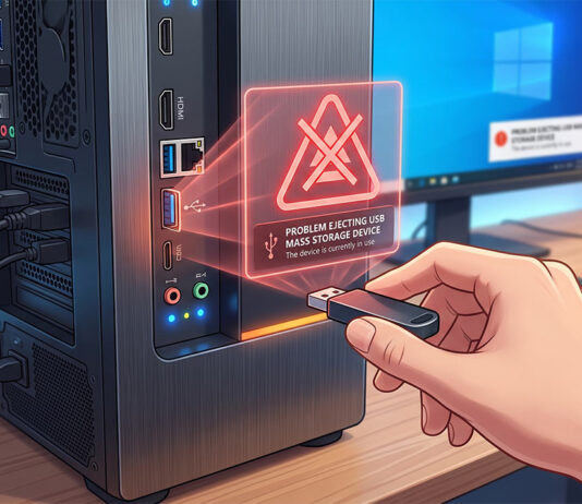 วิธีแก้ไข Problem Ejecting USB Mass Storage Device ป้องกันข้อมูลพังอย่างถูกวิธี ภาพกราฟิกจำลองการแจ้งเตือนข้อผิดพลาด Problem Ejecting USB Mass Storage Device บนหน้าจอ พร้อมสัญลักษณ์เตือนสีแดง ขณะผู้ใช้งานกำลังดึง Flash Drive ออกจากเคสคอมพิวเตอร์ ภาพประกอบบทความเทคนิคการแก้ไขปัญหาและซ่อมคอมออนไลน์เบื้องต้น
