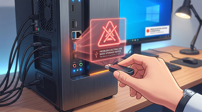 วิธีแก้ปัญหา Problem Ejecting USB Mass Storage Device ภาพกราฟิกจำลองการแจ้งเตือนข้อผิดพลาด Problem Ejecting USB Mass Storage Device บนหน้าจอ พร้อมสัญลักษณ์เตือนสีแดง ขณะผู้ใช้งานกำลังดึง Flash Drive ออกจากเคสคอมพิวเตอร์ ภาพประกอบบทความเทคนิคการแก้ไขปัญหาและซ่อมคอมออนไลน์เบื้องต้น