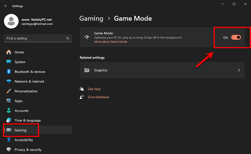 Screenshot of the Windows 11 Settings Gaming section. Red boxes highlight the "Gaming" sidebar icon and the "Game Mode" toggle switch set to "On," with an arrow indicating activation.